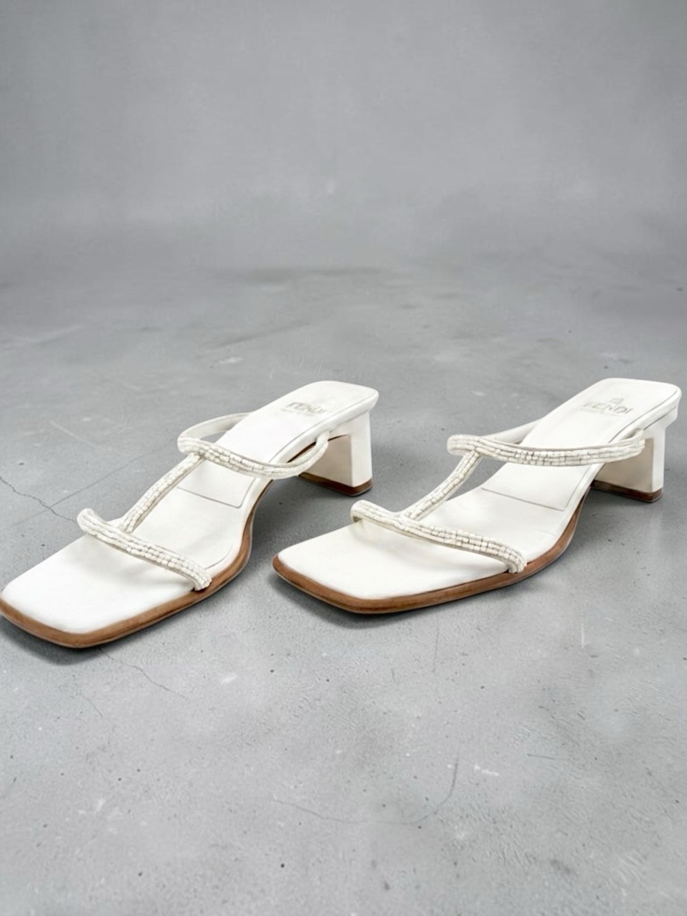Fendi White Braided Strap Square-Toe Mid Heel Sandals